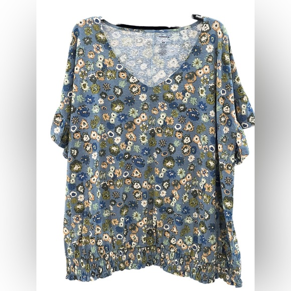 Sonoma women plus-Sonoma women plus-blue green floral short sleeve w/ruffle top - Picture 1 of 6